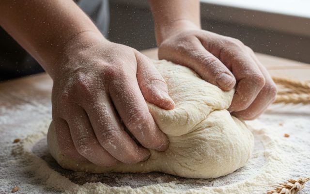 close-up image of dough being kneaded with flour and wheat